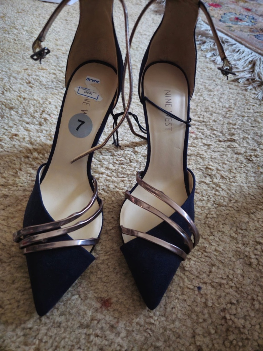 Nine West Black Pointed-Toe Heels with Rose-Gold Straps